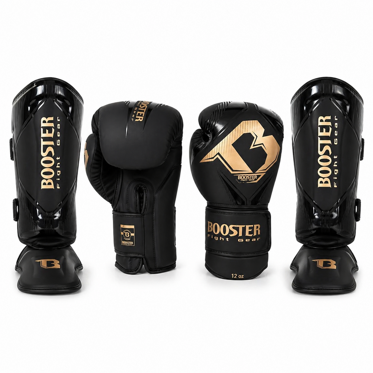 Booster Bangkok fight set with black and gold boxing gloves and shin guards